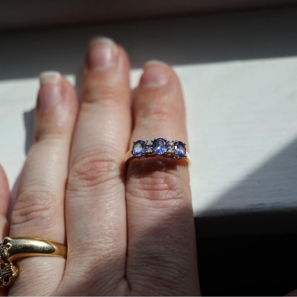 Three-Stone Blue Sapphire and Diamond Gold Ring 14k - Picture 6 of 9